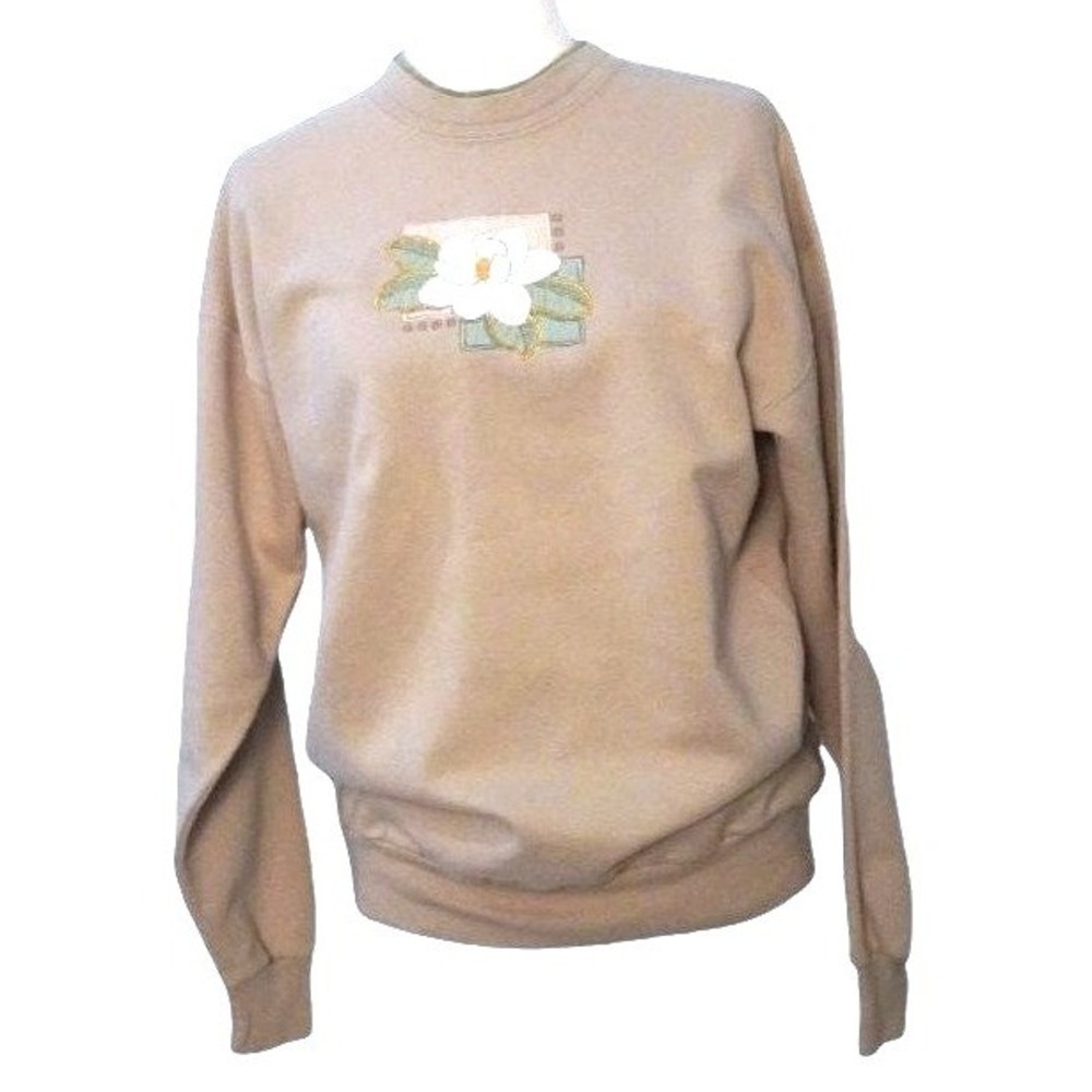 Top‎ Stitch by Morning Sun Sweatshirt Womens Medium Tan Magnolia Floral Pullover